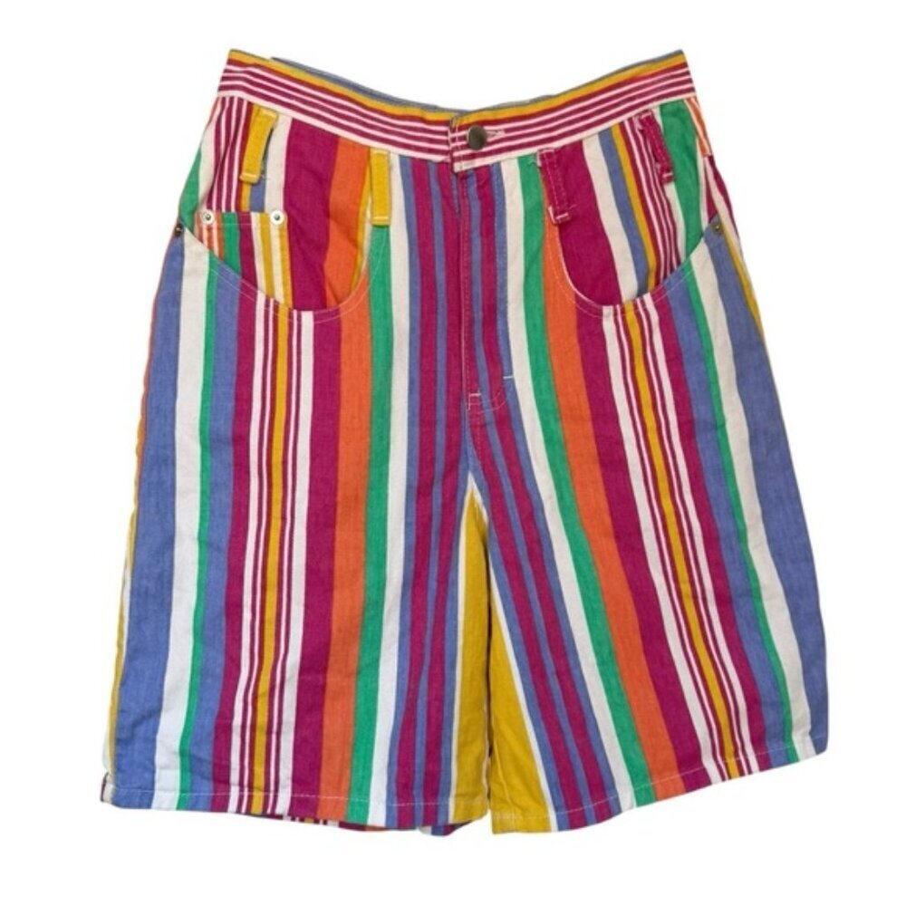 Vintage 90s Striped Mulitcolor Denim Shorts Size Small Cotton High Waisted